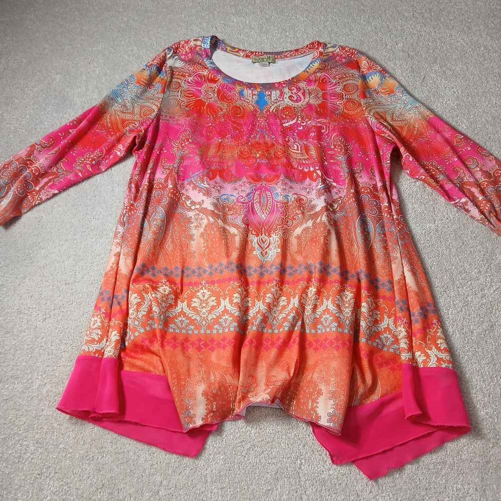 One World Womens Lg Abstract Embellished Coral Org Roses Asym Sweater Tunic Top - Picture 14 of 14